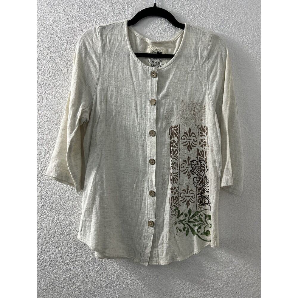 Produce Company Lagenlook Button‎ Down Shirt Blouse Sz S Art To Wear Flax Blend